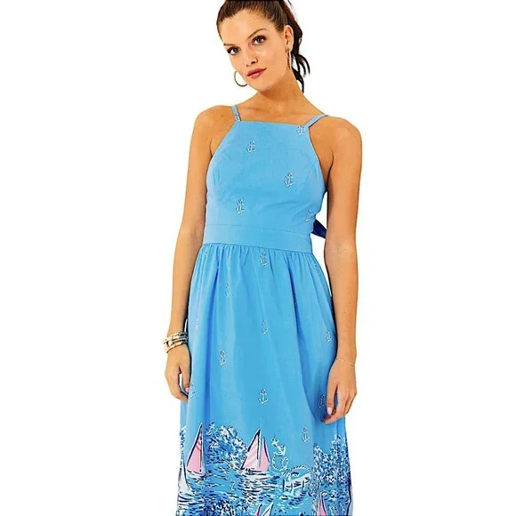 Lilly Pulitzer Charlese Cotton Halter Midi Dress in Lunar Blue NWT - Size 6 - Picture 3 of 9